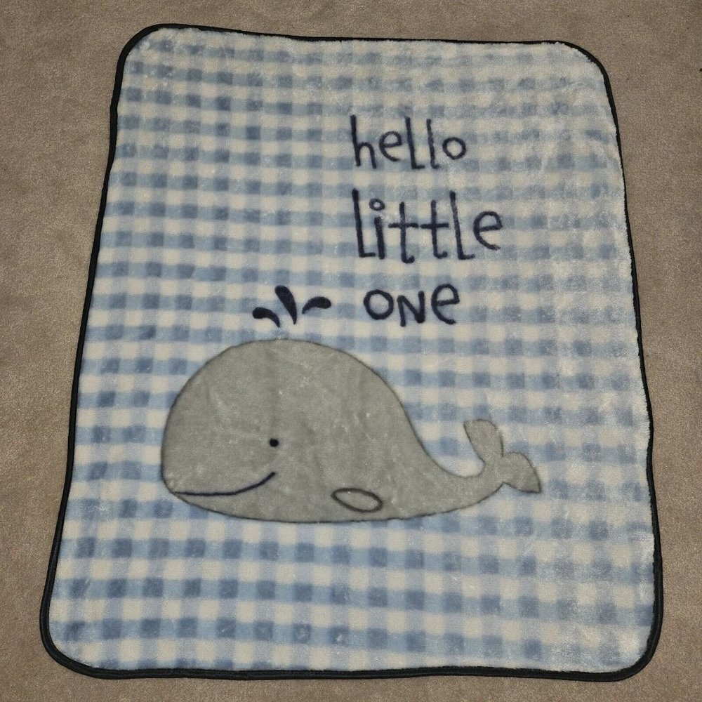HB Hudson Baby Blanket Blue White Plaid Gray Whale Hello Little One 30x36 SOFT